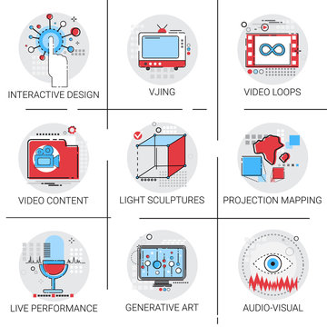 Video Content Visual Multimedia Modern Art Interactive Design Icon Set Vector Illustration