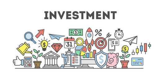 Investment icons set on white background. Colorful creative icons as piggy bank, arrows, gear, money and rocket. All icons in a heap.