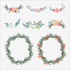 Hand drawn set of floral bouquets and wreath with olive leaves, roses, peonies and other flowers. Isolated vector illustrations
