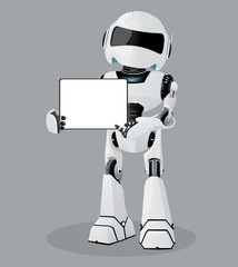 Vector realistic illustration of the white robot. Tablet in hands.