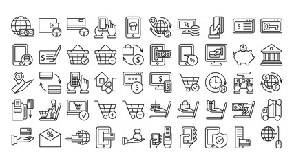 Online payments icons set on white background. Money, tablet, basket and other icons.