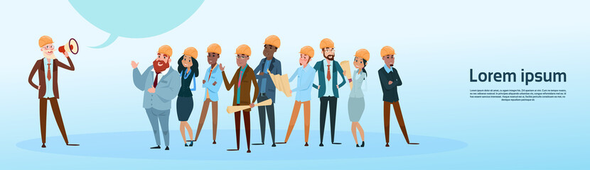 Fototapeta premium Builder Team Architect Mix Race Workers Boss Hold Megaphone Loudspeaker Colleagues Meeting Flat Vector Illustration