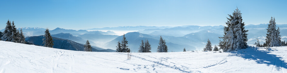 Fototapeta na wymiar Panoramic View Snow Capped Mountains, European Beautiful Winter Mountains.Slope For Skiers, Alpine Mountains, Landscape For Cross Country Skiers, Beautiful Winter Mountain Landscape