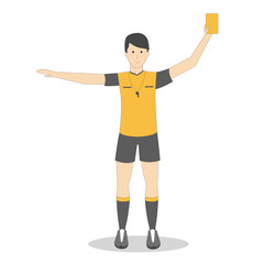 Isolated football player with yellow card on white background. Soccer player. Man in uniform.