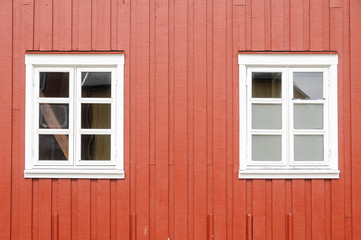 Obraz na płótnie Canvas Red wall of a rorbu, Lofoten, Islands, Norway, Europe