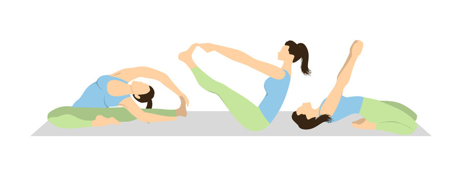 Yoga workout set on white background. Different poses and asanas. Healthy lifestyle. Body stretching.