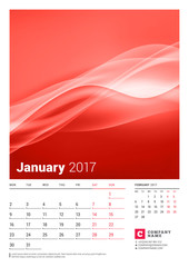 January 2017. Wall Monthly Calendar for 2017 Year. Vector Design Print Template with Place for Photo. Week Starts Monday. 2 Months on Page
