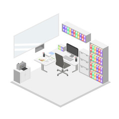 Isometric creative office interior design vector. Set of object