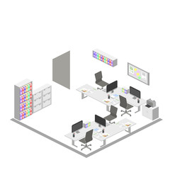 Obraz premium Isometric creative office interior design vector. Set of object