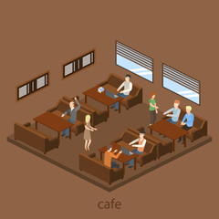 Coffee shop cafe interior isometric banner in brown tints with waiter serving visitors isometric vector illustration