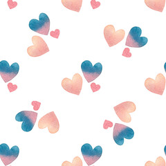 Valentine's day seamless pattern with watercolor hearts on white background.