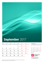 September 2017. Wall Monthly Calendar for 2017 Year. Vector Design Print Template with Place for Photo. Week Starts Monday. 2 Months on Page