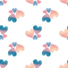 Valentine's day seamless pattern with watercolor hearts in pastel colors on white background.