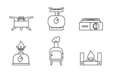 Camping stove set lineare icon. Furnace travel, Tourist heater i