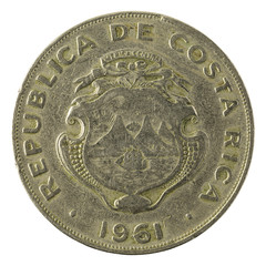 one costa rican colon coin (1961) isolated on white background