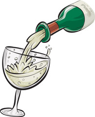 A cartoon of white wine being poured from a bottle into a wineglass.