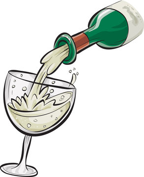 A Cartoon Of White Wine Being Poured From A Bottle Into A Wineglass.