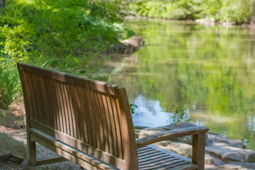 Calm.  Peaceful sitting spot with bench and reflective waters at a botanical garden.  Sarah P. Duke.  Durham, NC