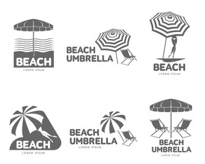 Logo templates with beach umbrella and sun bathing lounge chairs, vector illustration isolated on white background. Black and white graphic logotypes, logo templates with sunshade umbrellas - obrazy, fototapety, plakaty