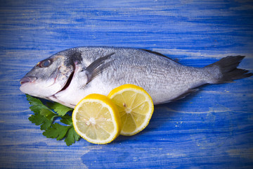 bream with lemon and parsley on a background of blue wood