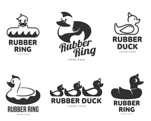 Set of logo templates with rubber duck, vector illustration isolated on white background. Line and silhouette graphic rubber duck logotype, logo design