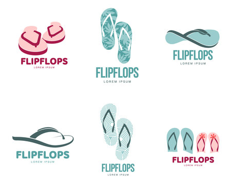 Set of stylized black and white rubber flip flops logo templates, vector illustration isolated on white background. Graphic flip flops, sandals logotype, logo design, summer vacation, holiday concept