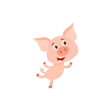 Funny little pig with swirling tail running or jumping on rear legs, cartoon vector illustration isolated on white background. Cute little pig hurrying to something, decoration element