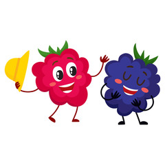 Cute and funny comic style raspberry and blackberry characters, cartoon vector illustration isolated on white background. Red and ripe raspberry character, mascot greeting blackberry with hat off