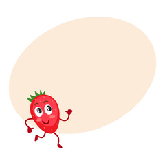 Cute and funny comic style wild strawberry character running, cartoon vector illustration on background with place for text. Red and ripe strawberry character, mascot with big eyes running, jogging