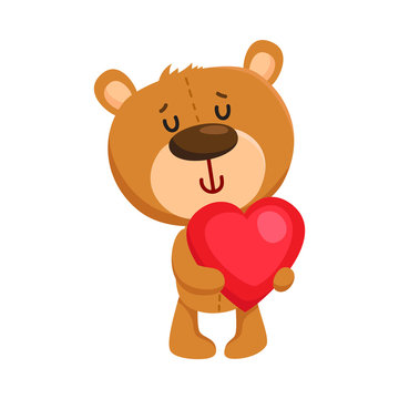 Cute traditional, retro style teddy bear character holding a big red heart, cartoon vector illustration isolated on white background. Teddy bear character with Valentine red heart