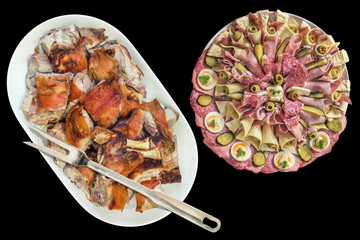 Plateful of Spit Roasted Pork Shoulder Slices and Serbian Appetizer Savory Dish Meze Isolated on...