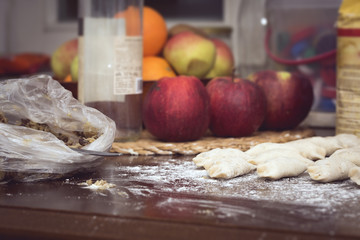 Homemade Dumplings prepared on the wooden brown table by traditional way