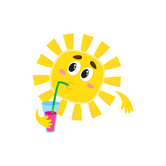 Thoughtful sun drinking cocktail through a straw, cartoon vector illustration isolated on white background. Cute and funny sun character with a soft drink, symbol of summer and vacation