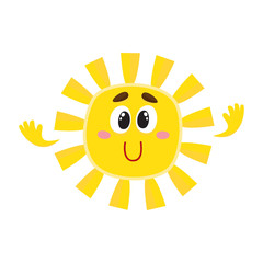 Cute and funny smiling sun with big eyes and hands, cartoon vector illustration isolated on white background. Cheerful sun character, symbol of summer season, hot weather and vacation at the sea