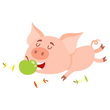Funny little pig lying and eating apple with three more stumps around, cartoon vector illustration isolated on white background. Cute little pig eating apple, overeating concept