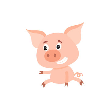Funny little pig sitting awkwardly and pointing to something, cartoon vector illustration isolated on white background. Cute little pig sitting like a child and poiting to the left, decoration element