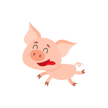 Funny little pig running with tongue out and eyes closed, cartoon vector illustration isolated on white background. Cute little pig running on four legs excitedly, decoration element