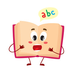Funny open ABC book character with surprised face expression, cartoon vector illustration isolated on white background. Primary school abc textbook, shocked or surprised, school, education concept