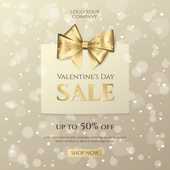 Vector background for design sale posters and flyers for Happy Valentine's day celebration with paper shopping bag and golden bow. Elegant template for discount offer banners with effect bokeh.