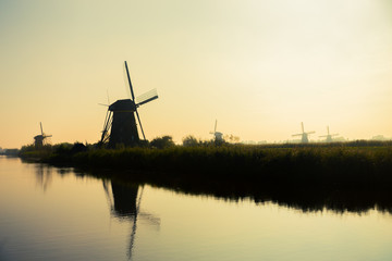 Traditional dutch windmills in countryside at Kinderdijk, Rotter