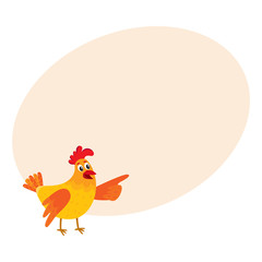Funny cartoon red and orange chicken, hen pointing to something with wing, cartoon vector on background with place for text. Cute and funny colorful chicken looking and pointing to something
