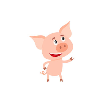 Funny little pig pointing and looking at something, cartoon vector illustration isolated on white background. Cute little pig standing on two legs, pointing and looking up, decoration element