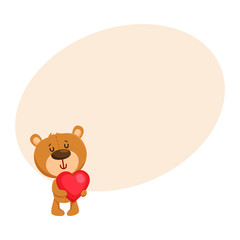 Cute traditional, retro style teddy bear character holding a big red heart, cartoon vector illustration on background with place for text. Teddy bear character with Valentine red heart