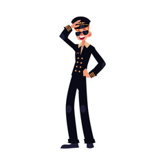 Obraz na płótnie Canvas Full length portrait of young civil airline pilot in black uniform and sunglasses, cartoon vector illustration isolated on white background. Young and happy civilian pilot wearing black uniform