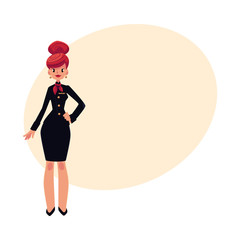 Full length portrait of beautiful red haired stewardess in black uniform, cartoon vector on background with place for text. Cartoon air stewardess, cabin crew wearing black uniform and red tie