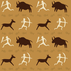 Vector Seamless Pattern with Cave Drawings Theme