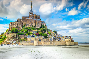Famous historc Mont Saint Michel tidal island in Normandy, France