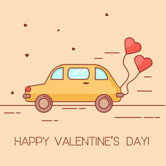 St Valentines day background, banner, greeting card with yellow car and heart shaped balloon. Linear art style