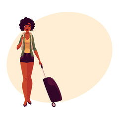 Pretty African American girl, woman traveler with backpack and suitcase, cartoon on background with place for text. Full length portrait of beautiful black, African girl, woman with luggage