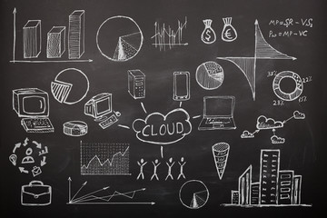 concept - sketch with schemes and graphs on chalkboard